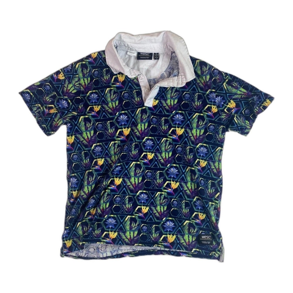 WESC All Over‎ Graphic Print Polo Shirt Unisex Men - M Short Sleeve Multicolor